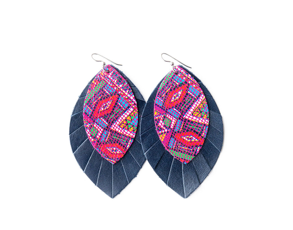 Raspberry Beret with Navy Fringe Layered Earrings