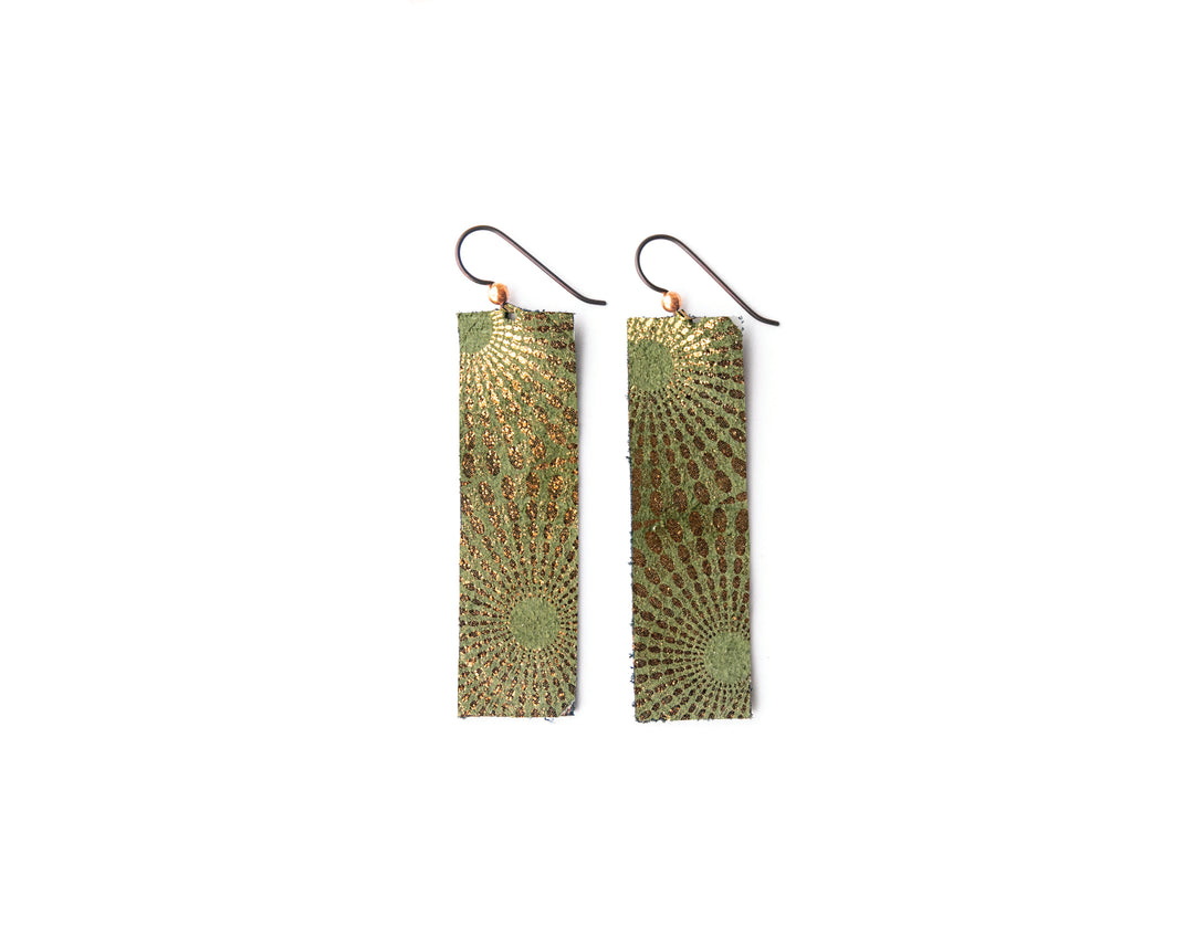 Starburst Green Four Corners Leather Earrings