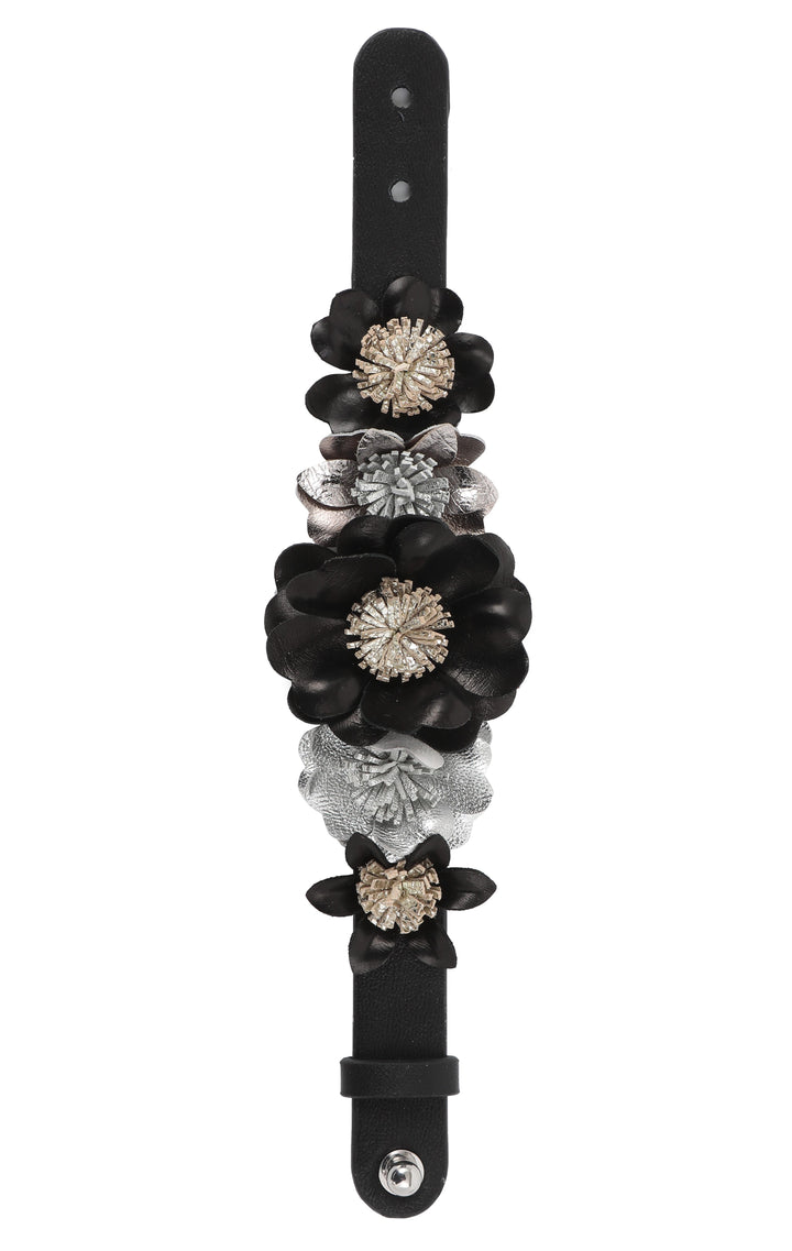 Black, Pewter & Grey Floral Leather Bracelet