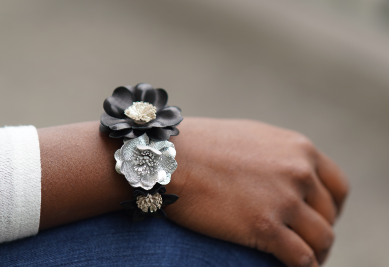 Black, Pewter & Grey Floral Leather Bracelet