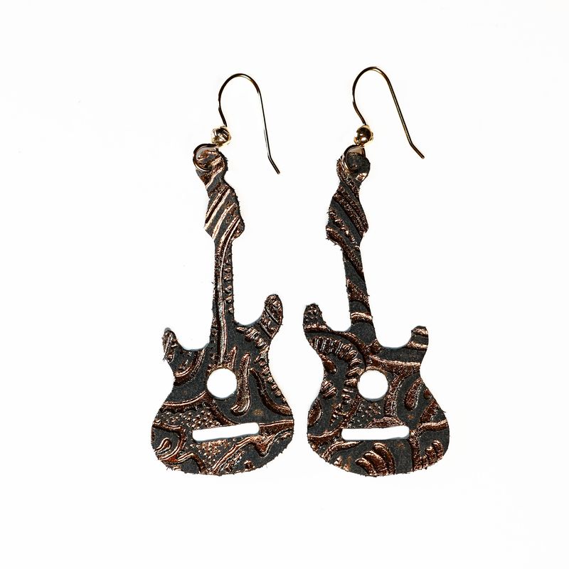 Carved Black + Bronze Guitar Earrings