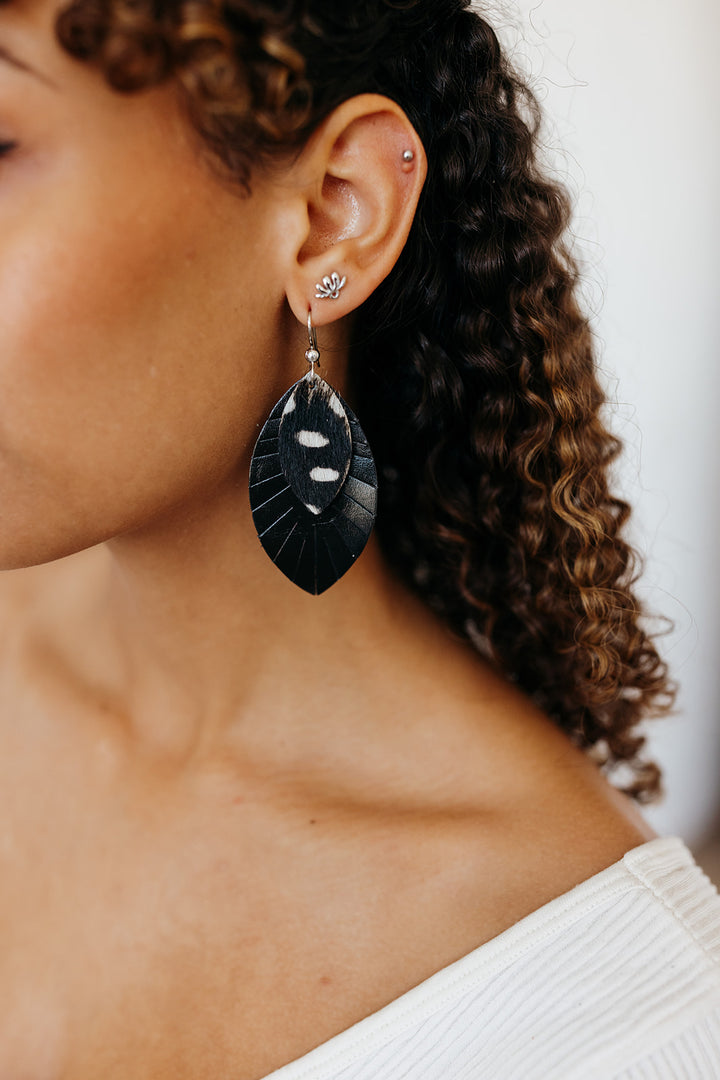 Spotted in White with Black Fringe Layered Earrings