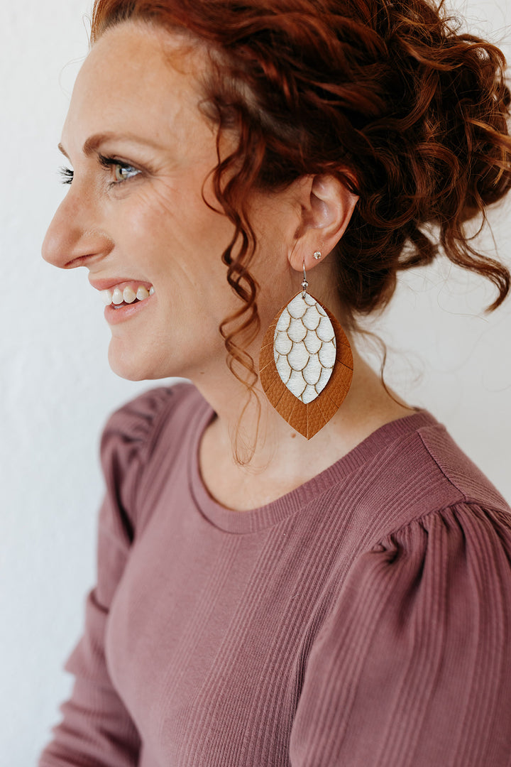 Scalloped in Cream with Brown Fringe Layered Earrings