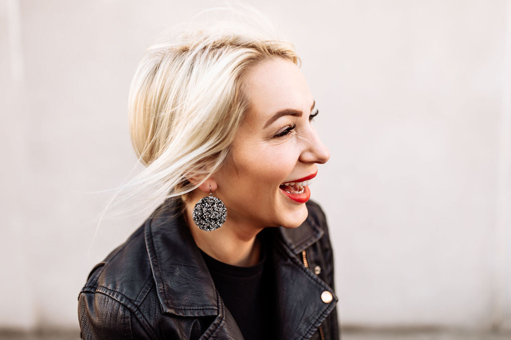 Sparkle in Black Round Leather Earrings