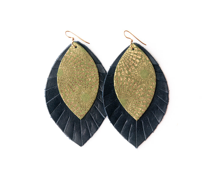 Green Starburst with Navy Fringe Layered Earrings