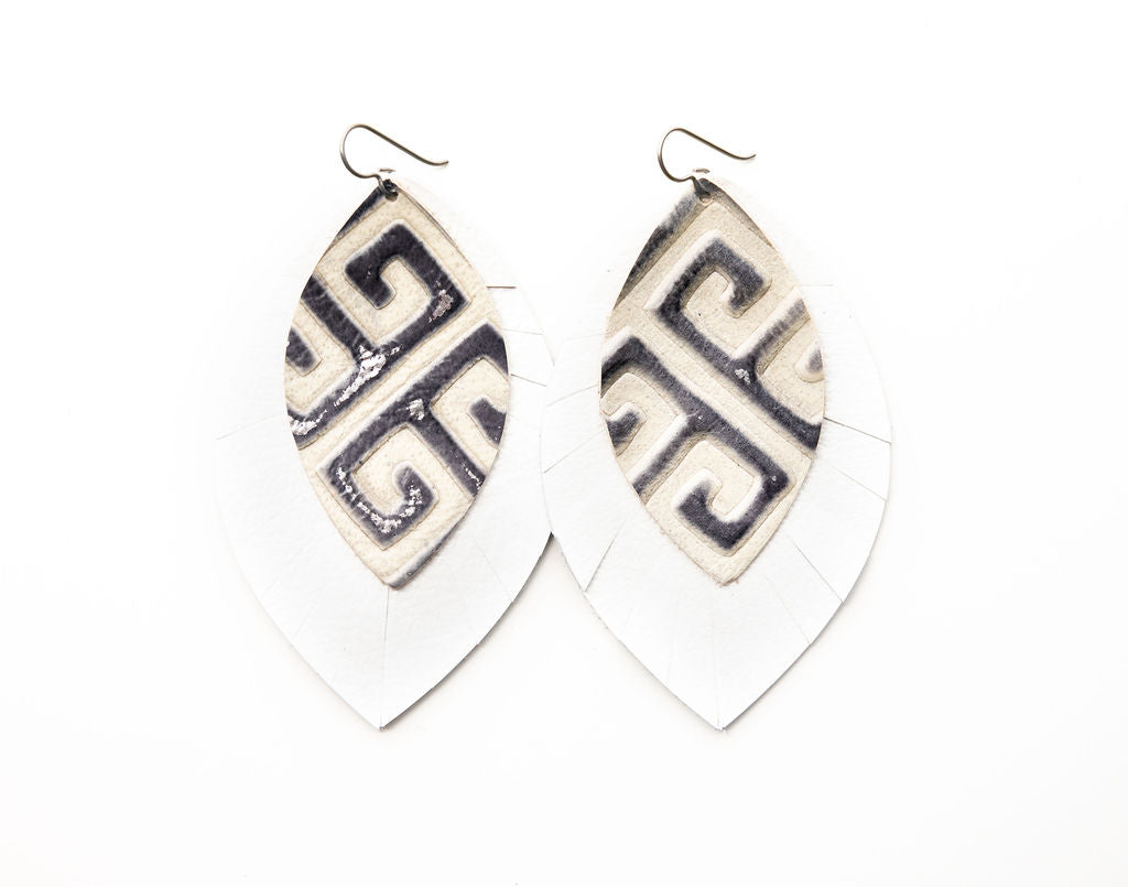 Greek Key with White Fringe Layered Earrings