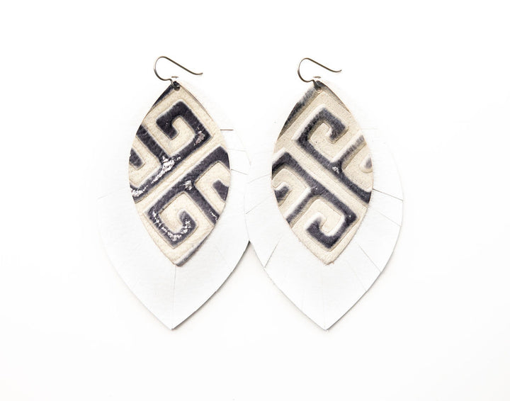 Greek Key with White Fringe Layered Earrings