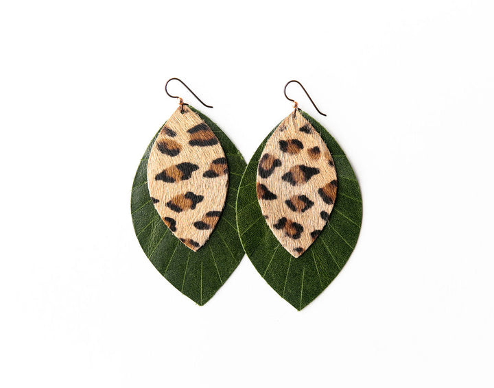 Leopard with Dark Green Fringe Layered Earrings