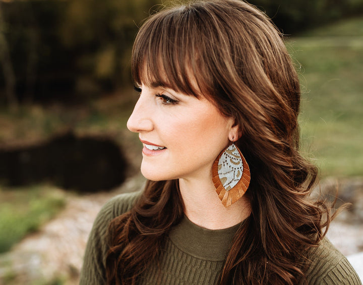 Grey Lace with Brown Fringe Layered Earrings