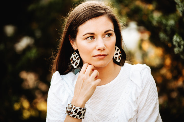 Leopard in White Leather Earrings