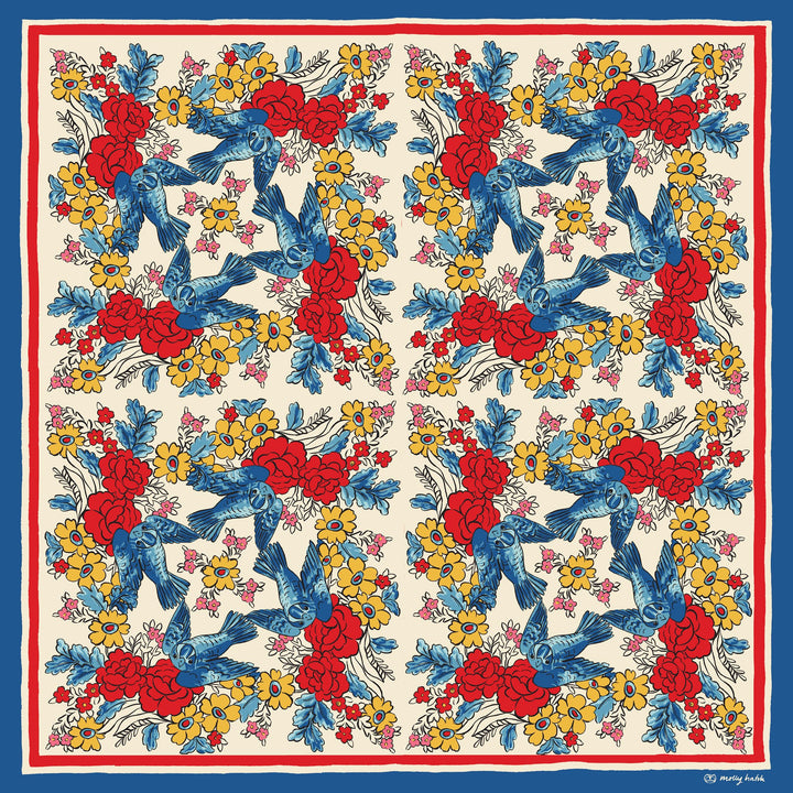 Red white blue and yellow floral scarf bandana with bluebirds