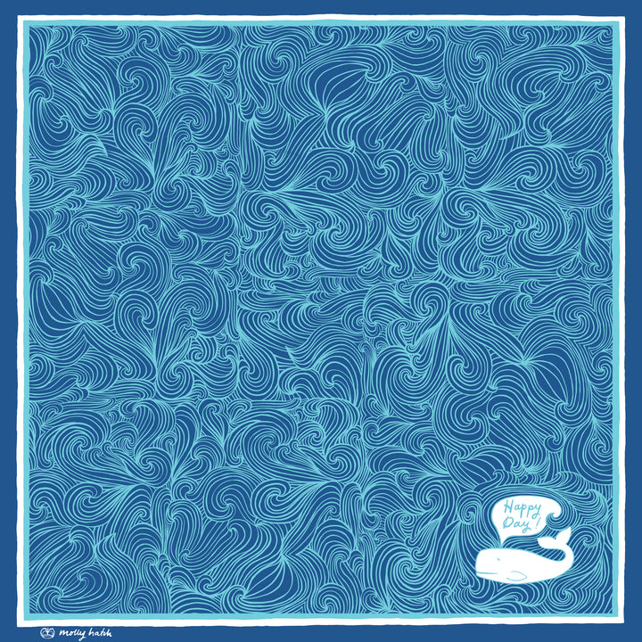 Whale of a good time bandana scarf designed by artist Molly Hatch featuring wave swirl motif and blue whale saying "Happy Day" on a blue background