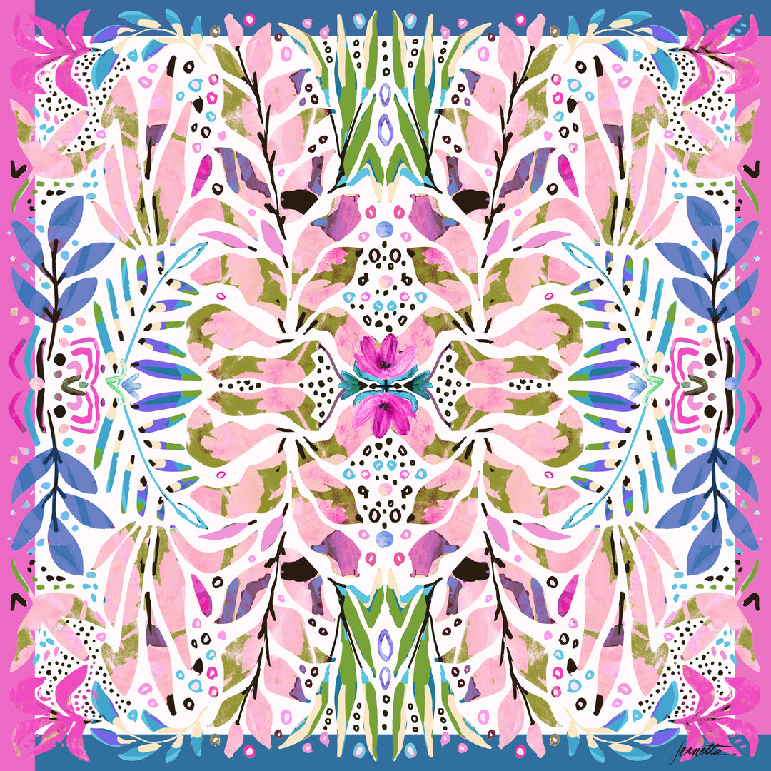 Amina Bandana Scarf designed by Jeanetta Gonzales featuring pink blue and purple floral patterns