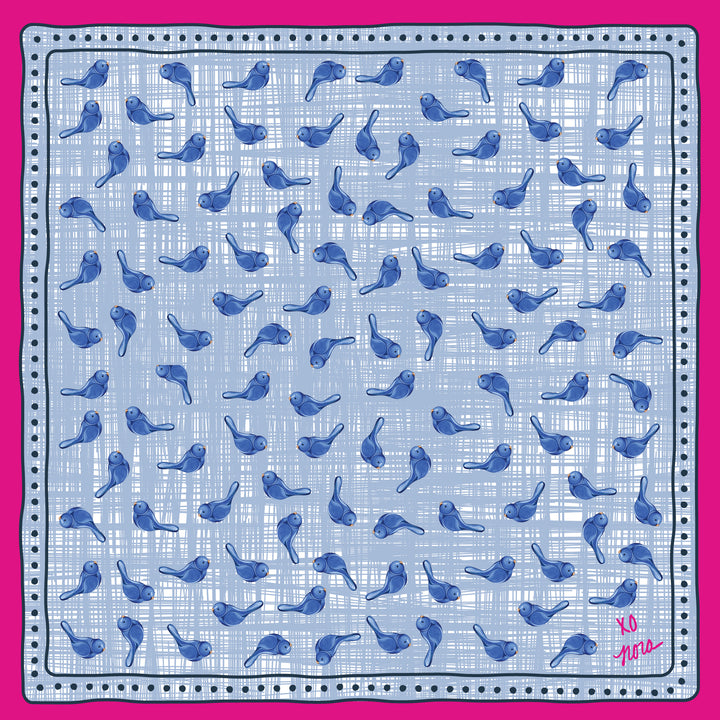 Nora Fleming Bluebird of Happiness bandana scarf featuring blue bluebirds, gingham pattern, and pink polka dot border